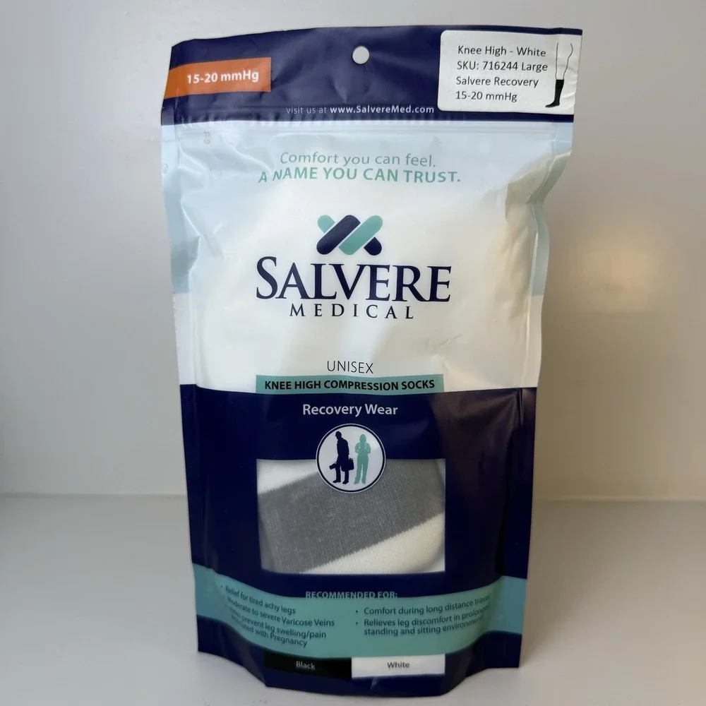 SALVERE MEDICAL Unisex Compression Socks NEW‎ 15-20 MM/Knee High/ Large White